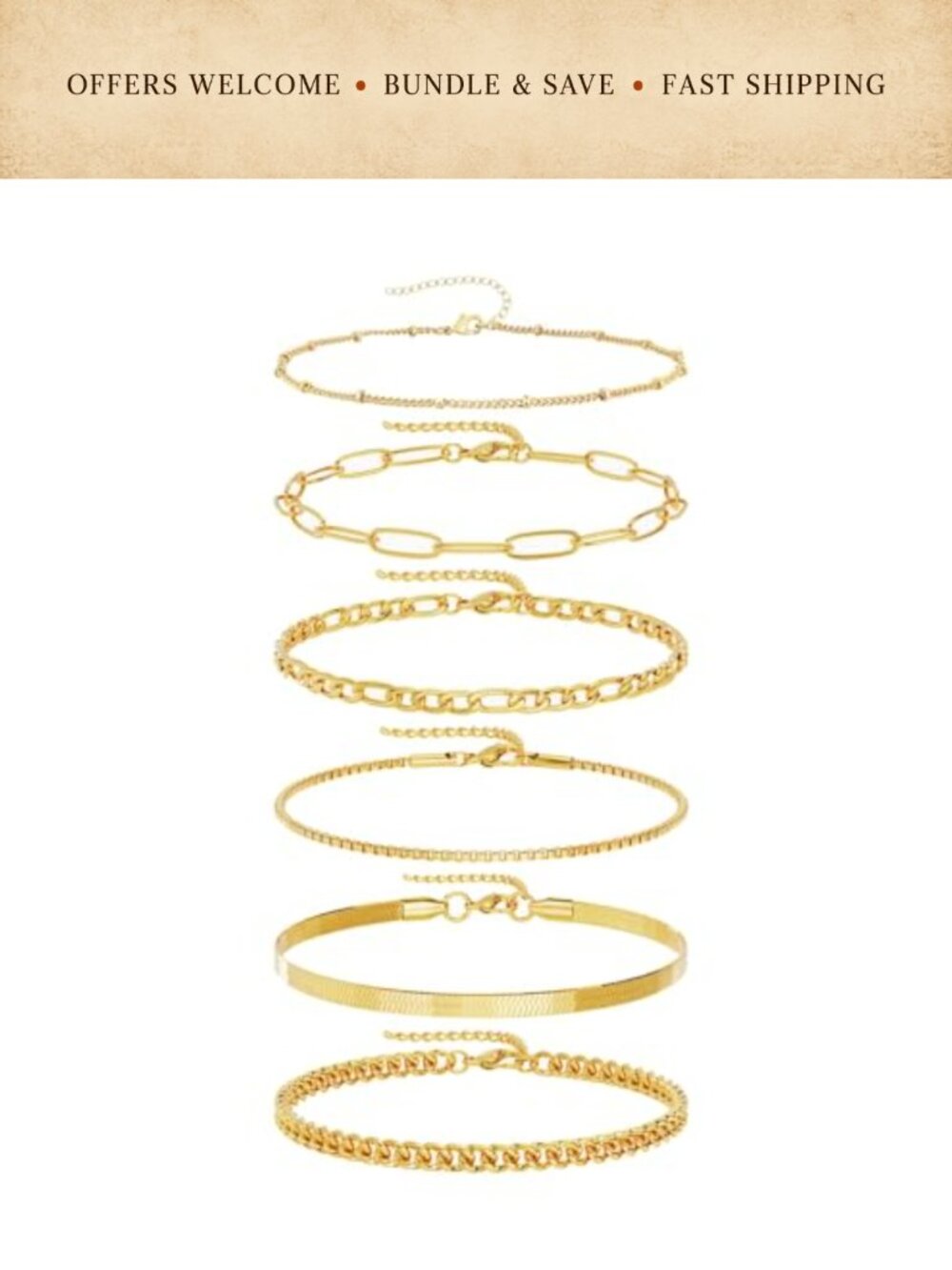 Stainless Steel Chain Bracelet Set 6 Pc Stackable Waterproof Adjustable
